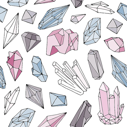 Colorful seamless pattern with gorgeous natural gemstones, mineral crystals, precious and semiprecious faceted stones hand drawn on white background. Vector illustration for wallpaper, fabric