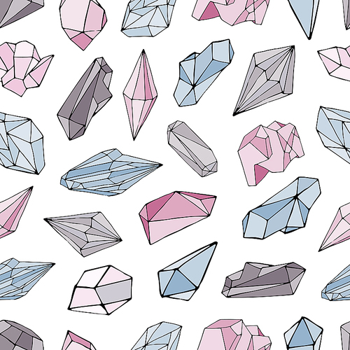 Seamless pattern with minerals, crystals, gems. Hand drawn colorful vector background
