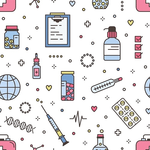 Seamless pattern with pills in jars and blisters and medical tools. Backdrop with medicines or drugs and lab equipment on light background. Colorful vector illustration in modern line art style