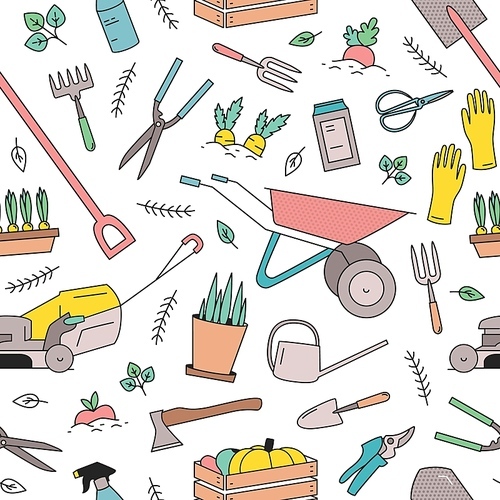 Modern seamless pattern with gardening tools, equipment for plants cultivation and agricultural work on white background. Decorative backdrop. Colorful vector illustration in line art style