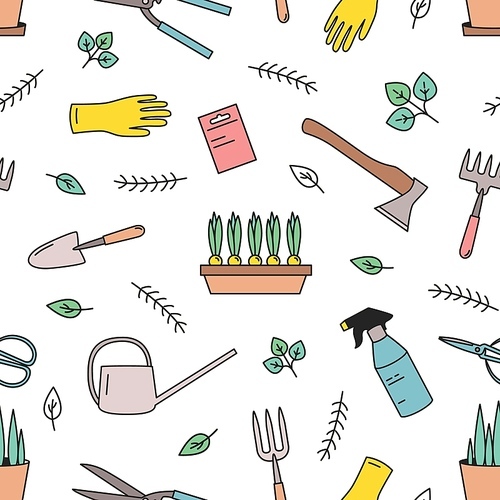 Colorful seamless pattern with gardening tools for plants cultivation on white background. Decorative backdrop with agricultural equipment. Vector illustration in line art style for textile