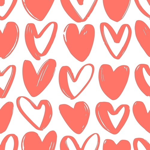 Seamless pattern with red hearts drawn with rough contour lines on white background. Valentine's day backdrop with love, romance and passion symbols. Vector illustration for wrapping paper, wallpaper