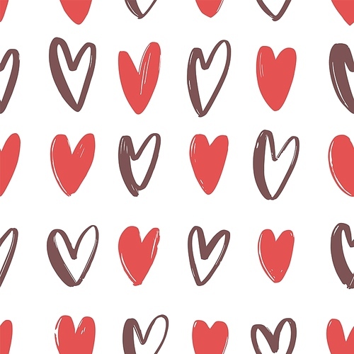 Seamless pattern with red and brown hand drawn hearts on white background. Backdrop with love, dating and romantic relationship symbols. Vector illustration for wrapping paper, textile .