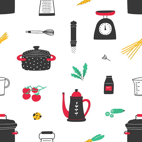 Seamless pattern with hand drawn kitchen utensils on white background. Backdrop with tools for home cooking or food preparation, cookware, ingredients, spices for homemade meals. Vector illustration