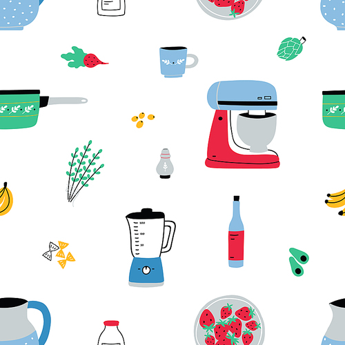 Seamless pattern with hand drawn kitchen utensils, manual and electric tools for home cooking, cookware, food ingredients and spices for homemade meals on white background. Vector illustration