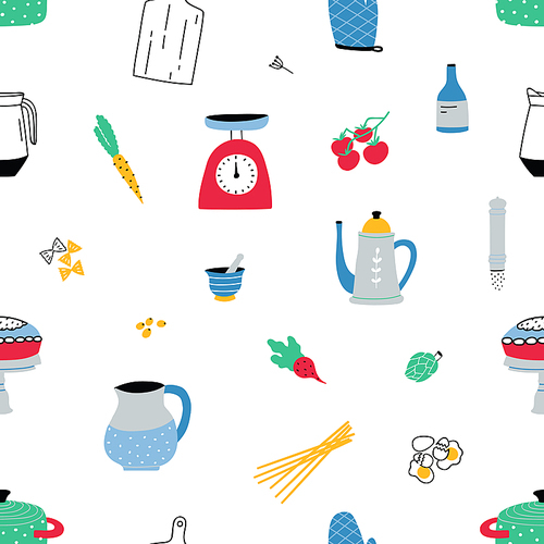 Seamless pattern with colorful hand drawn kitchen utensils and equipment on white background. Backdrop with tools for home cooking or preparation of homemade meals. Vector illustration for wallpaper