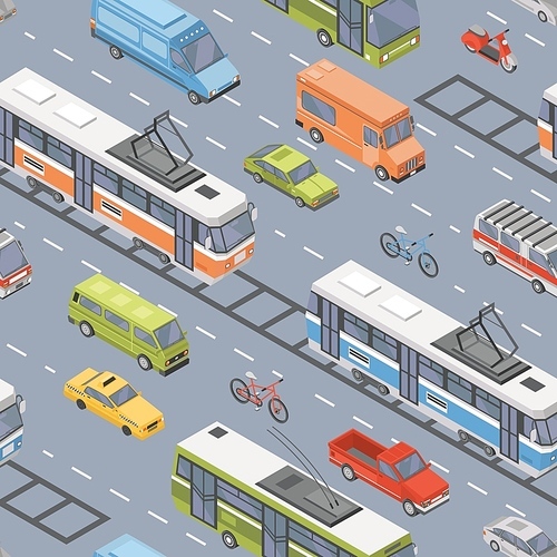 Motor vehicles of various types driving on road - car, scooter, bus, tram, trolleybus, minivan, pickup truck. Automobile transport on city street. Colorful isometric seamless pattern.