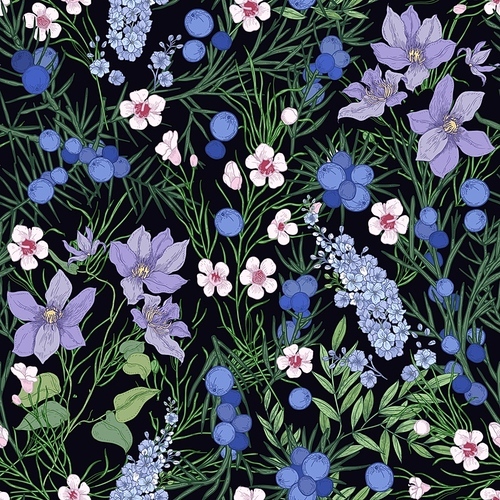 Floral seamless pattern with gorgeous blooming flowers and wild flowering herbs on black background. Natural backdrop with meadow wildflowers. Botanical vector illustration for textile .