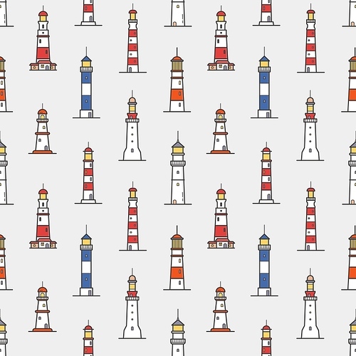 Seamless pattern with lighthouses of various types on light background. Backdrop with towers or constructions for marine navigation. Colored vector illustration for wrapping paper, textile .