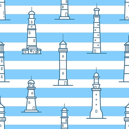 Seamless pattern with different lighthouses drawn with contour lines on striped background. Backdrop with towers for marine navigation. Vector illustration for wrapping paper, fabric , wallpaper