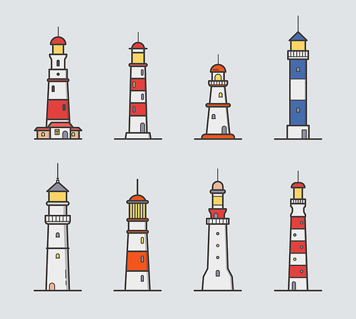 Set of different lighthouse. Colorful vector illustration collection in lineart style on gray background
