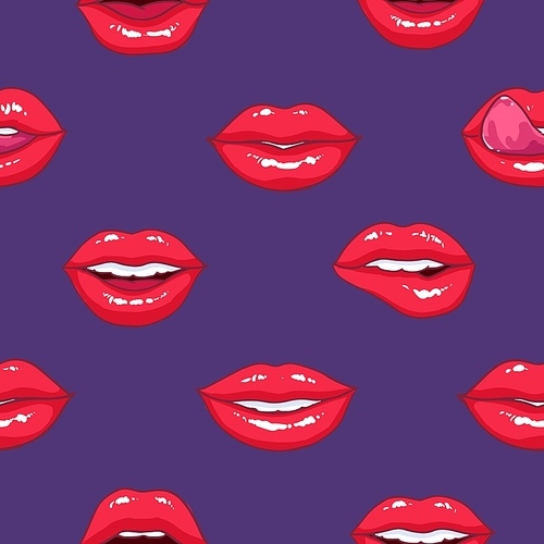 Seamless pattern with puffy female lips on purple background, symbol of love and passion. Backdrop with sexy mouths. Bright colored vector illustration for textile , wallpaper, wrapping paper.