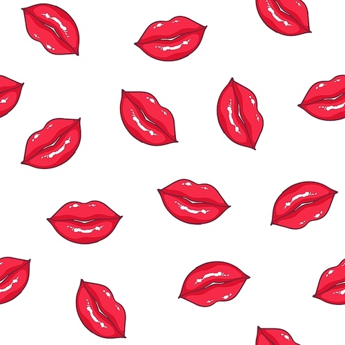 Seamless pattern with sexy female lips on white background. Backdrop with sexy smiling mouths. Texture with symbols of passion. Bright colored vector illustration for fabric , wrapping paper.