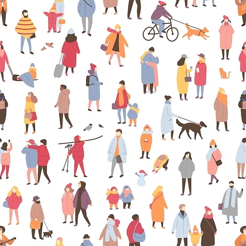 Seamless pattern with tiny people dressed in outerwear walking and performing outdoor activities. Backdrop with men and women wearing winter clothes on city street. Flat cartoon vector illustration.