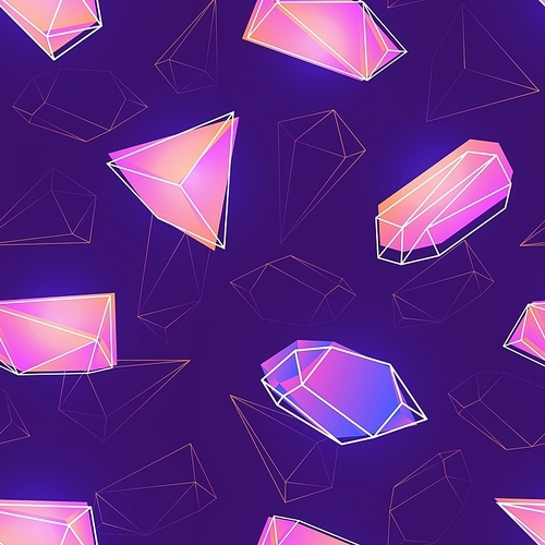 Seamless pattern with neon colored gemstones, mineral crystals or pyramids and their outlines on purple background. Stylish colorful vector illustration for wallpaper, fabric , backdrop.