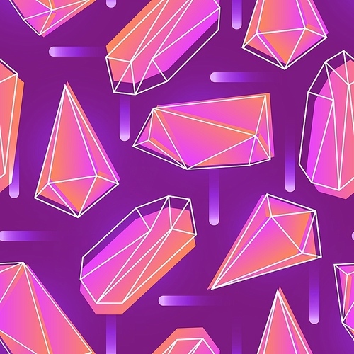 Abstract seamless pattern with neon colored crystals, minerals or faceted stones and their outlines on purple background. Vector illustration for wallpaper, textile , wrapping paper, backdrop.