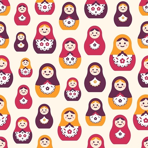 Seamless pattern with traditional Russian folk handcrafted nesting dolls. Backdrop with matryoshkas of various size. Flat colorful vector illustration for wrapping paper, textile , wallpaper.