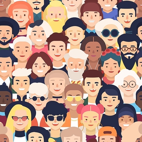Seamless pattern with faces or heads of joyful people. Backdrop with crowd of old and young men and women. Colorful vector illustration in flat cartoon style for wrapping paper, textile