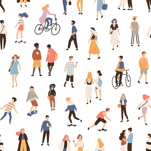 Seamless pattern with people walking on street, riding bike or skateboard. Backdrop with men, women and children performing outdoor activities. Flat cartoon vector illustration for textile
