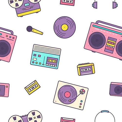 Seamless pattern with retro electronic devices on white background - analog music players, cassette recorder, boombox, turntable. Flat cartoon vector illustration for wrapping paper, textile .