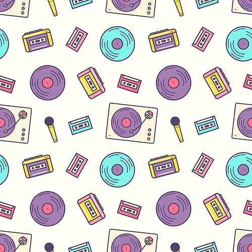 Creative seamless pattern with retro analog music player, cassette recorder, turntable, vinyl disc, microphone on light background. Colorful vector illustration for wrapping paper, textile .