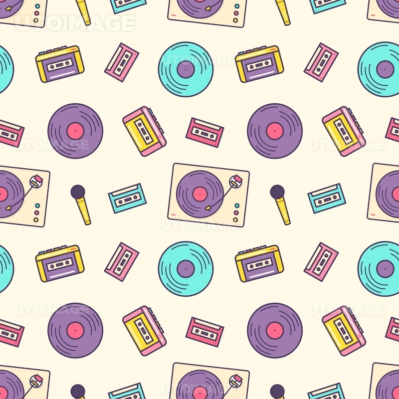 유토이미지 | Creative seamless pattern with retro analog music player, cassette recorder, turntable, vinyl disc, microphone on... 