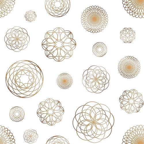 Abstract seamless pattern with various round geometric shapes drawn with golden contour lines on white background. Elegant vector illustration for wallpaper, wrapping paper, fabric , backdrop.