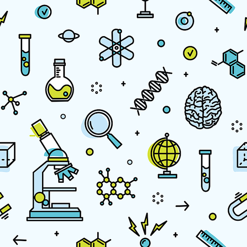 Seamless pattern with scientific laboratory equipment. Backdrop with attributes of science, biological or chemical experiment, research. Modern vector illustration in line art style for wallpaper