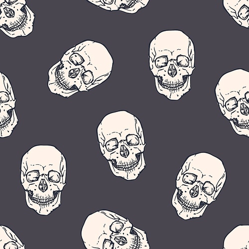 Seamless pattern with horrible realistic human skulls on dark background. Backdrop with frightening dead heads. Halloween monochrome vector illustration for wrapping paper, wallpaper, textile .