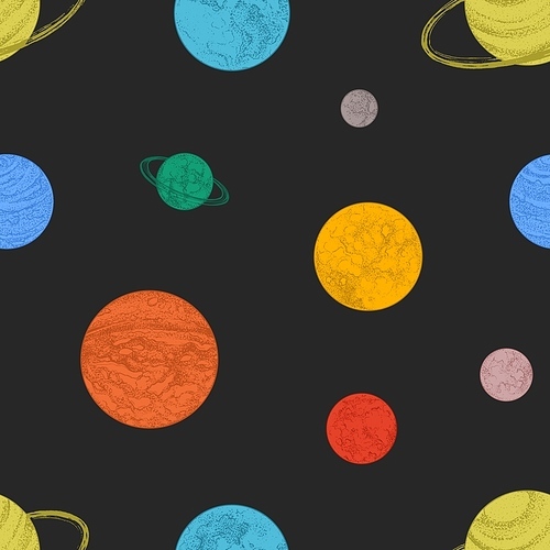 Seamless pattern with colorful planets and other space objects on black background. Backdrop with celestial bodies hand drawn in dotwork style. Vector illustration for wrapping paper, fabric