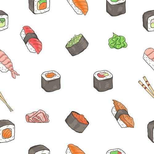 Japanese seafood sushi rolls seamless pattern. Traditional food. Nori, temaki, nigiri, futomaki. Colorful hand drawn background
