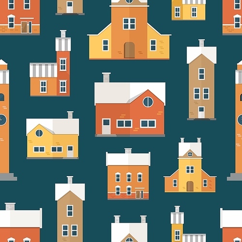 Seamless pattern with antique city buildings, clock towers. Backdrop with residential houses of old European architecture. Colored vector illustration in flat cartoon style for textile .