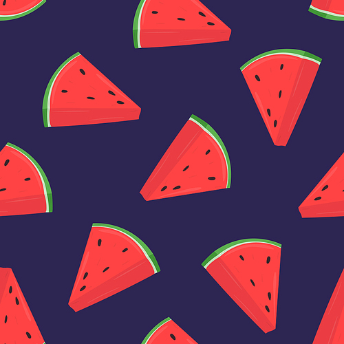 Colorful seamless pattern with pink slices of fresh watermelon on purple background. Backdrop with summer delicious refreshing fruits. Vector illustration for wrapping paper, textile , wallpaper