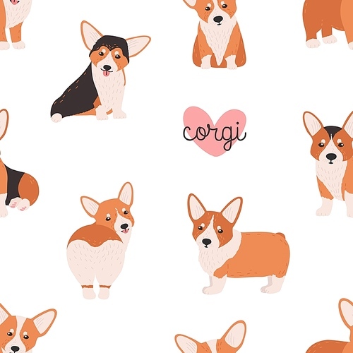 Seamless pattern with funny welsh corgi on white background. Backdrop with small adorable purebred dog, doggy, funny pet or domestic animal. Colorful vector illustration in flat cartoon style.