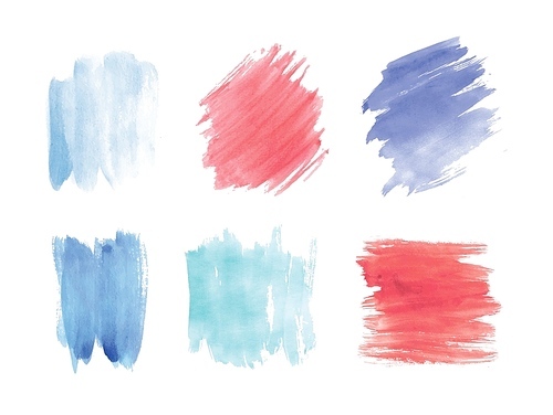 Collection of smears or blots hand painted with watercolor isolated on white . Bundle of artistic paint traces of various colors. Set of aquarelle backdrops. Colorful vector illustration.