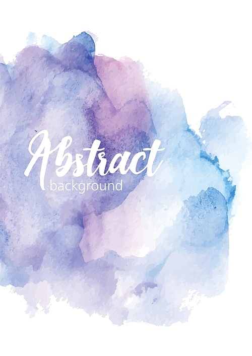 Abstract hand painted watercolor background. Artistic paint blot, blotch, stain or smear of blue and purple pastel colors. Beautiful aquarelle backdrop. Elegant colored vector illustration.