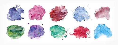 Collection of stains hand painted with watercolor isolated on white . Bundle of paint blots of different shape and color. Set of aquarelle design elements. Colorful vector illustration