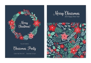 Set of Christmas party invitation, event announcement flyer or greeting card templates with traditional holiday natural decorations - holly leaves and berries, fir needles. Vector illustration