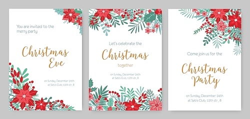 Collection of Christmas Party invitations, holiday event announcement or festive flyer templates decorated with red and green poinsettia plants, holly leaves and berries on white background