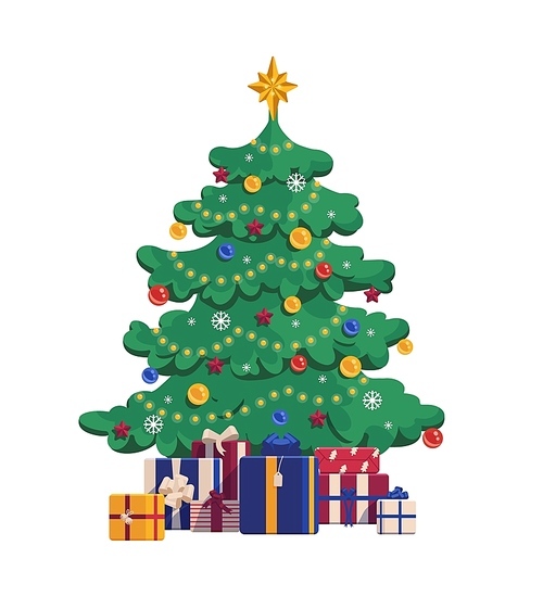 Cartoon christmas tree with gift boxes. Xmas vector illustration isolated on white 
