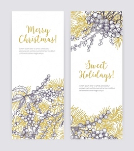 Set of vertical Christmas banner templates with coniferous tree branches, holly leaves and berries hand drawn with contour lines on white background. Holiday vector illustration in realistic style