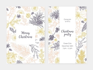 Collection of Christmas flyer, card or party invitation templates decorated with seasonal plants drawn with contour lines on white background. Holiday vector illustration for event announcement