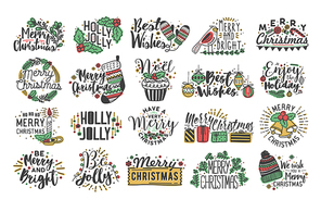 Collection of Christmas handwritten lettering with hand drawn holiday decorations - holly leaves, light garland, candles, knitted socks, bells and gifts. Festive colorful vector inscriptions