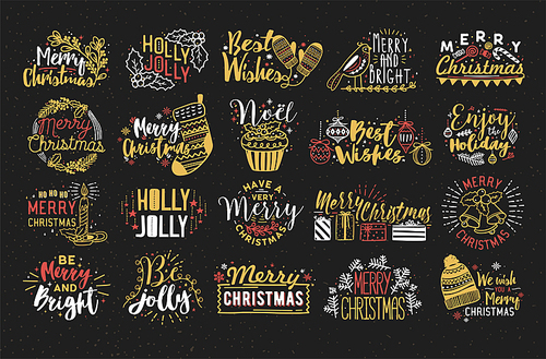 Collection of Christmas handwritten lettering with hand drawn holiday decorations. Festive colorful vector inscriptions on dark background