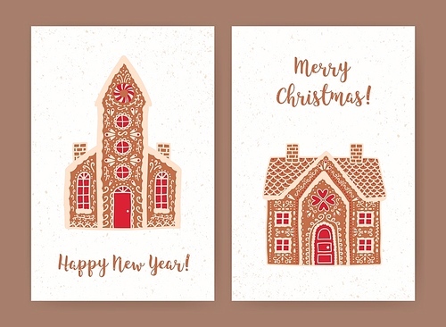 Bundle of decorative Christmas and New Year greeting card or postcard templates with sweet tasty gingerbread houses and holiday wishes. Festive colorful vector illustration in flat cartoon style.
