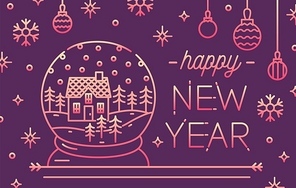 Horizontal greeting card or invitation template with Happy New Year lettering, snow globe with house inside, baubles and snowflakes. Monochrome festive vector illustration in modern linear style.