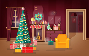 Decorated winter holidays living-room illustrating new year present under christmas tree. Colorful vector illustration