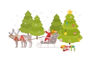 Happy Santa Claus sits in sleigh carried by reindeers and rides through snowy forest at Christmas eve to deliver gifts to children. Colorful holiday vector illustration in flat cartoon style.