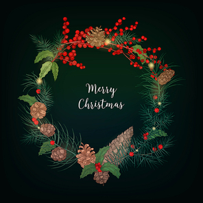 Wreath made of bunches of rowan berries, branches of coniferous trees, cones, holly leaves and decorated with light garland. Holiday decoration and Merry Christmas inscription. Vector illustration.