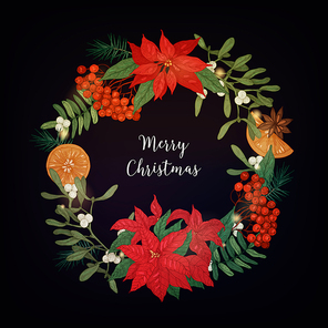 Wreath made of bunches of rowan berries, branches of coniferous trees, poinsettia plant, mistletoe, oranges, star anise and decorated with light garland. Natural holiday decor. Vector illustration.